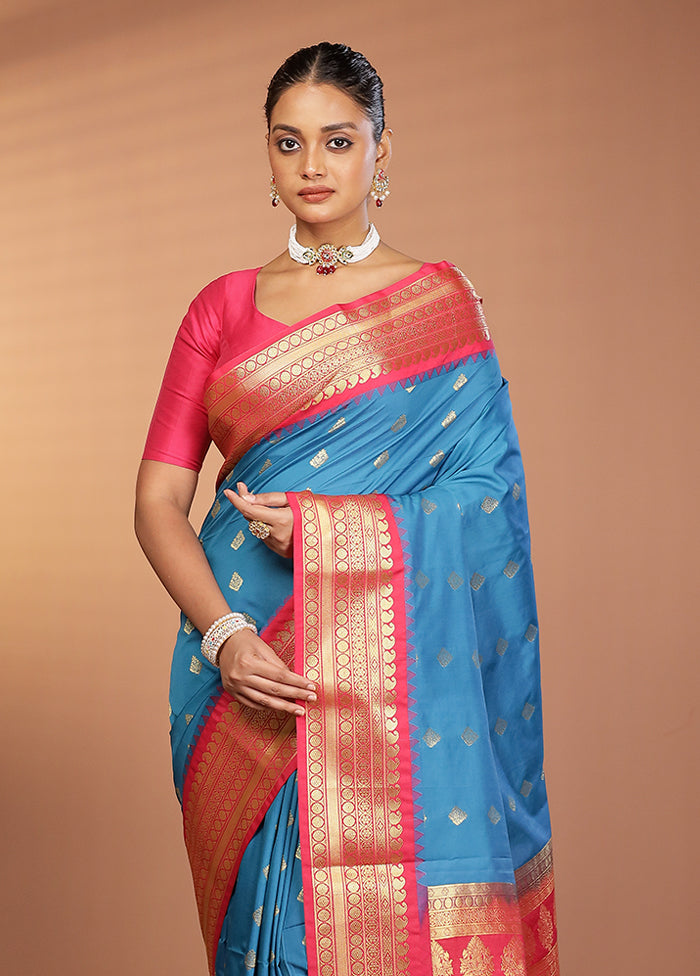 Blue Kanjivaram Silk Saree With Blouse Piece