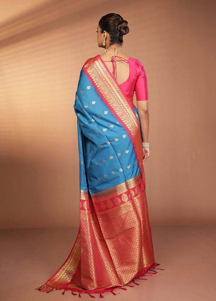 Blue Kanjivaram Silk Saree With Blouse Piece