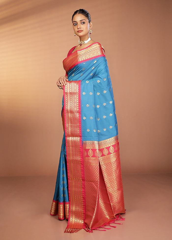 Blue Kanjivaram Silk Saree With Blouse Piece