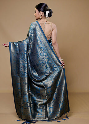 Blue Dupion Silk Saree With Blouse Piece