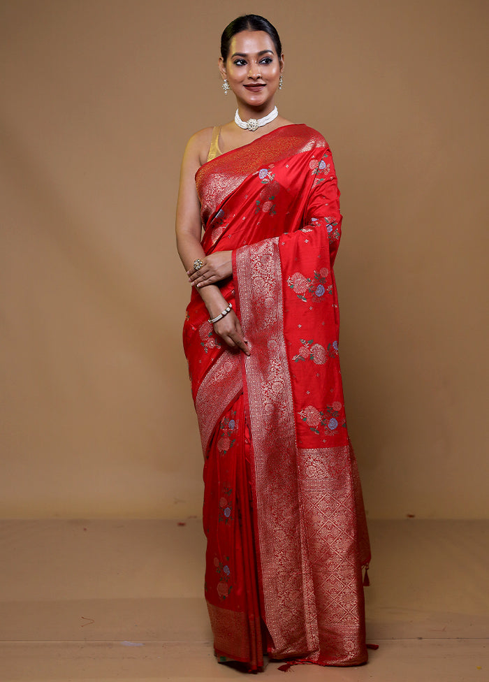 Red Dupion Silk Saree With Blouse Piece