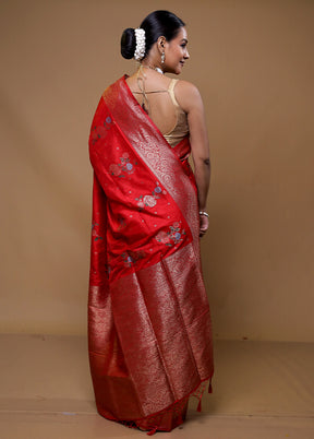 Red Dupion Silk Saree With Blouse Piece