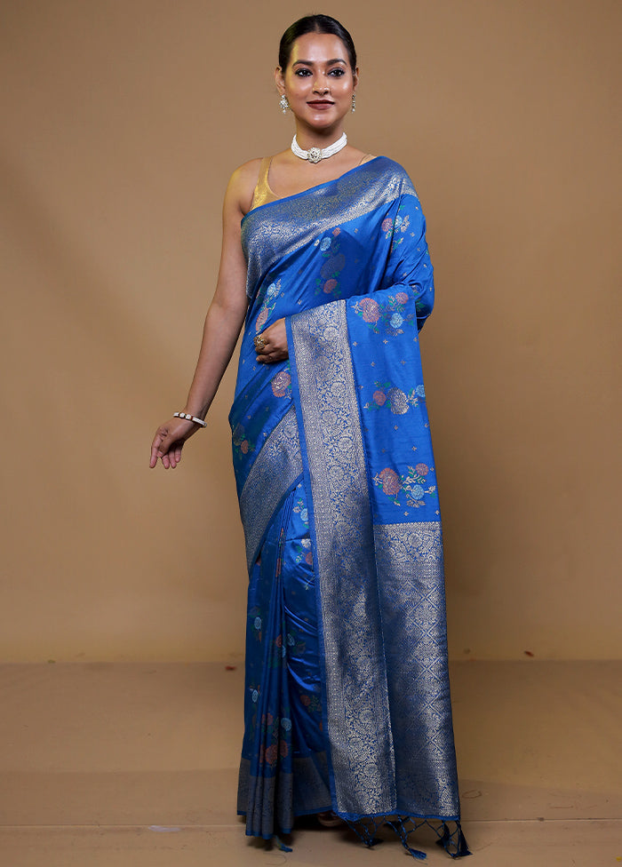 Blue Dupion Silk Saree With Blouse Piece