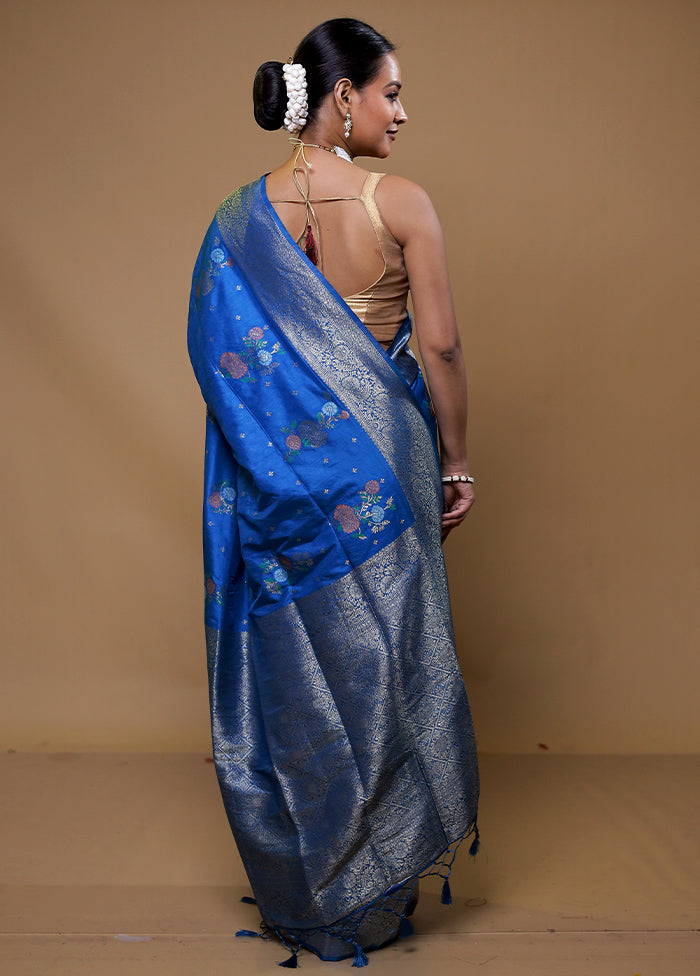 Blue Dupion Silk Saree With Blouse Piece