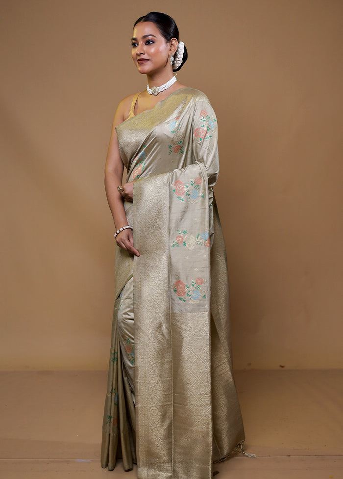 Grey Dupion Silk Saree With Blouse Piece