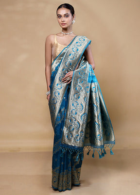 Blue Organza Saree With Blouse Piece