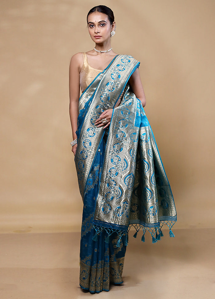 Blue Organza Saree With Blouse Piece