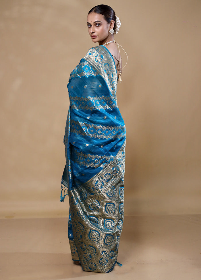 Blue Organza Saree With Blouse Piece