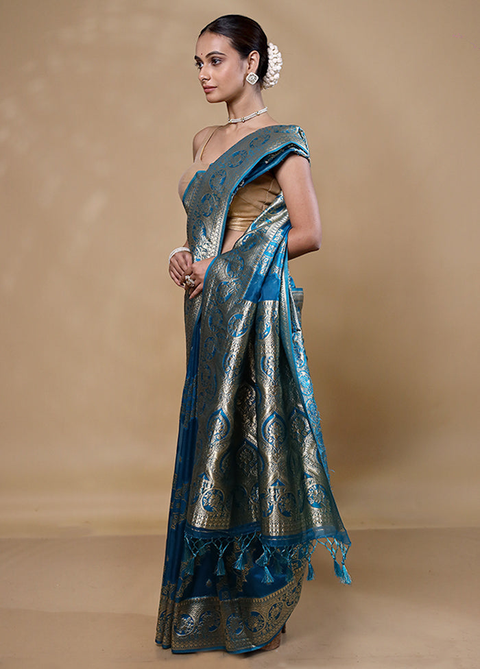 Blue Organza Saree With Blouse Piece