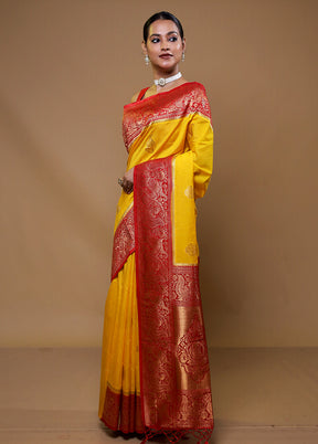 Yellow Dupion Silk Saree With Blouse Piece