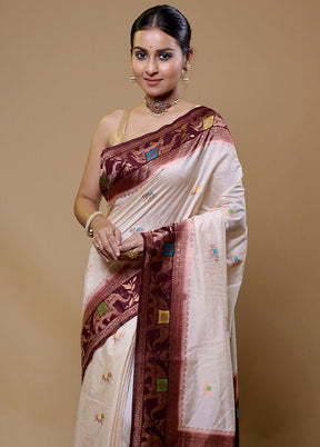 Cream Dupion Silk Saree With Blouse Piece