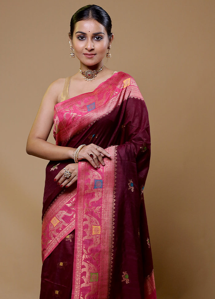 Maroon Dupion Silk Saree With Blouse Piece