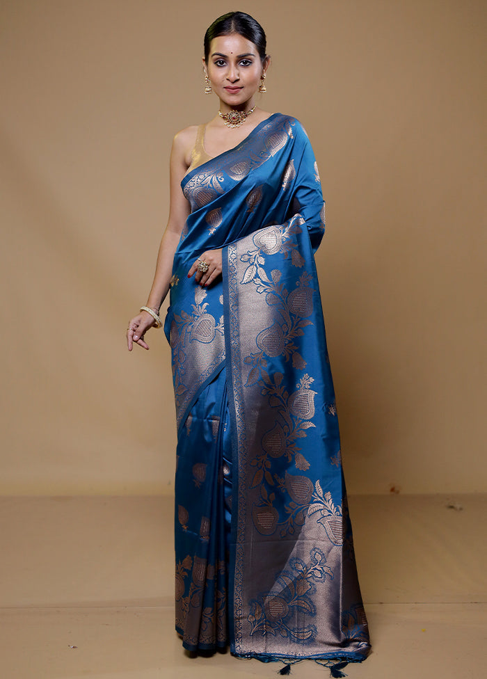 Blue Dupion Silk Saree With Blouse Piece