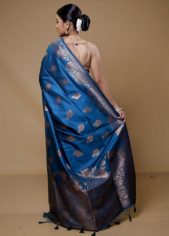 Blue Dupion Silk Saree With Blouse Piece