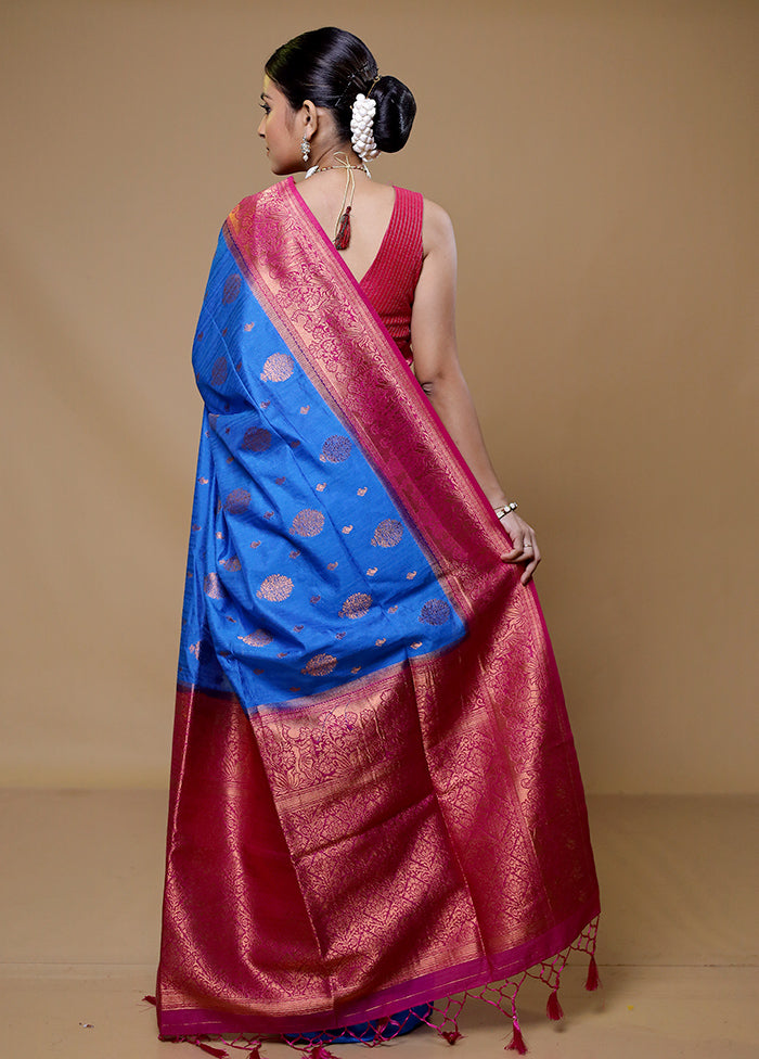 Blue Dupion Silk Saree With Blouse Piece