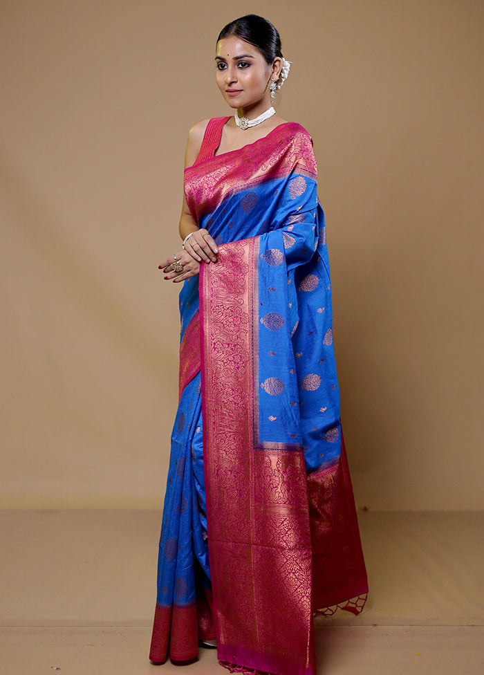 Blue Dupion Silk Saree With Blouse Piece