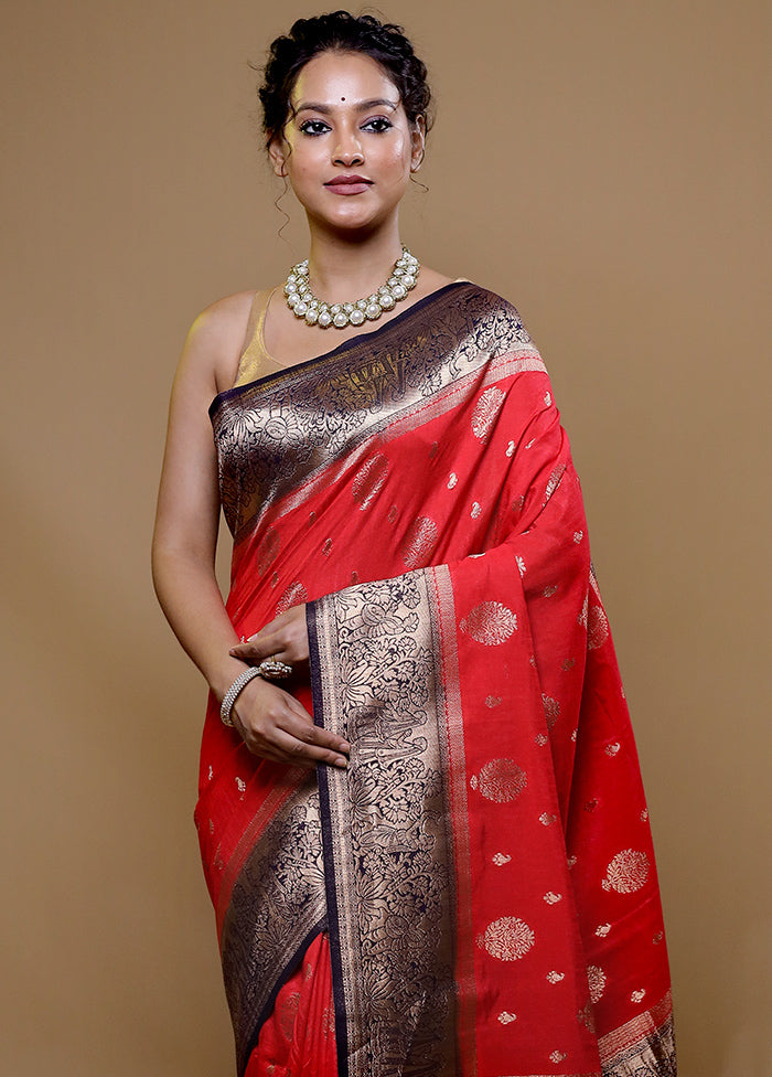 Red Dupion Silk Saree With Blouse Piece