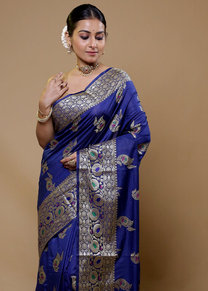 Blue Dupion Silk Saree With Blouse Piece