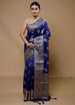 Blue Dupion Silk Saree With Blouse Piece