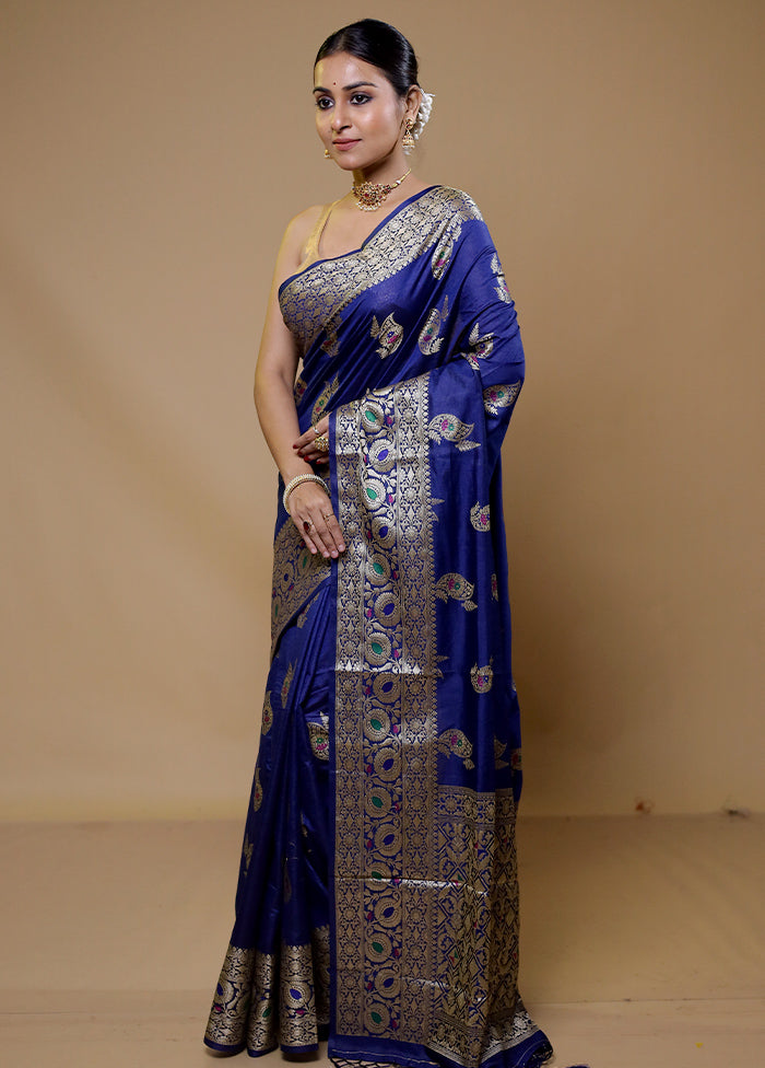 Blue Dupion Silk Saree With Blouse Piece