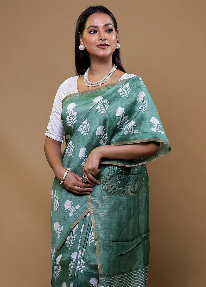 Green Tussar Silk Saree With Blouse Piece