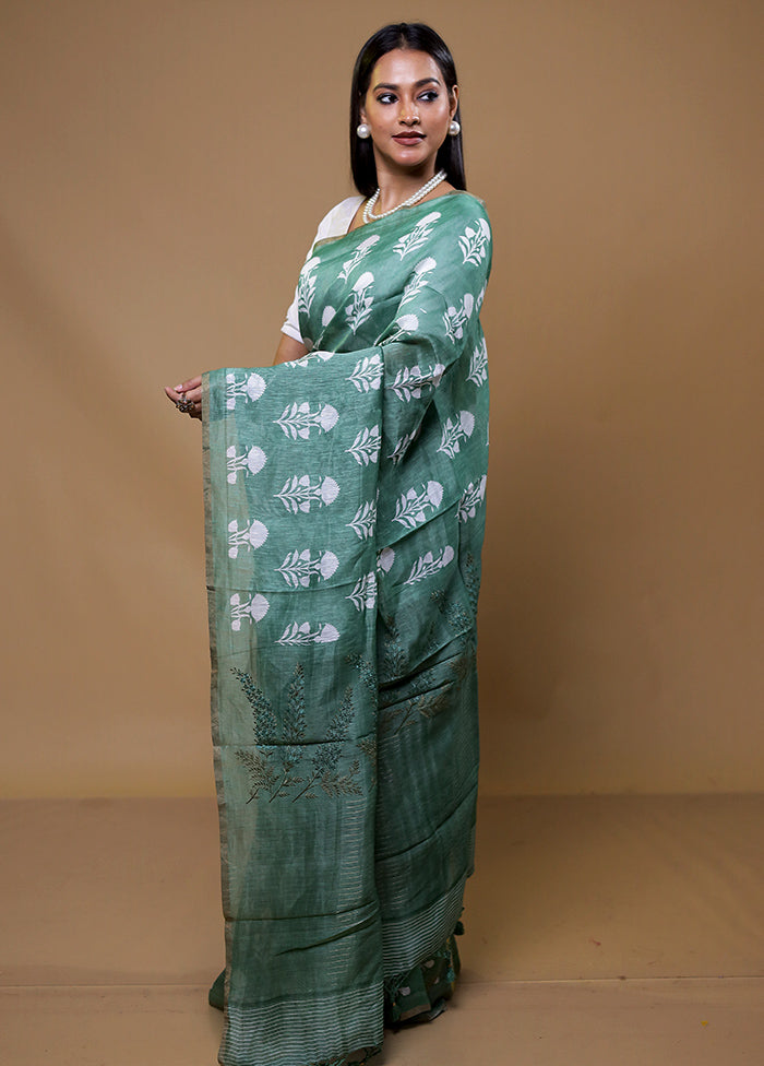 Green Tussar Silk Saree With Blouse Piece