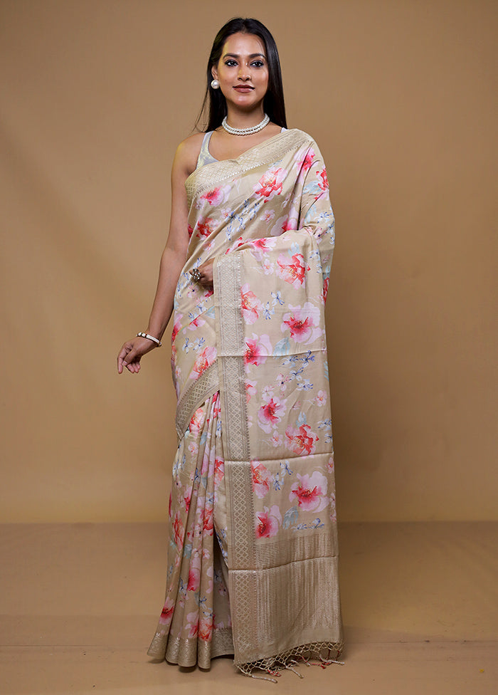 Cream Pure Mysore Silk Saree Without Blouse Piece