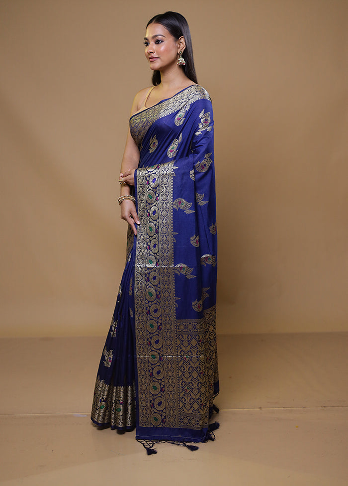 Blue Dupion Silk Saree With Blouse Piece