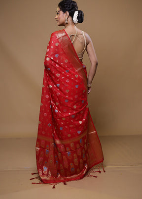 Red Dupion Silk Saree With Blouse Piece