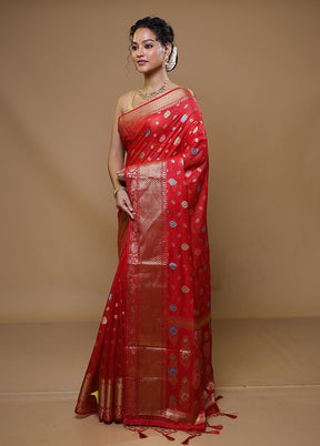 Red Dupion Silk Saree With Blouse Piece