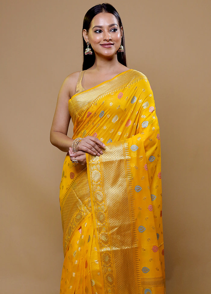 Yellow Dupion Silk Saree With Blouse Piece