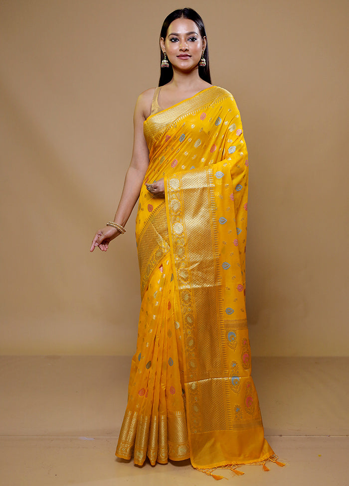 Yellow Dupion Silk Saree With Blouse Piece