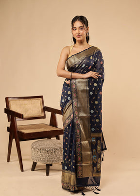 Blue Dupion Silk Saree With Blouse Piece