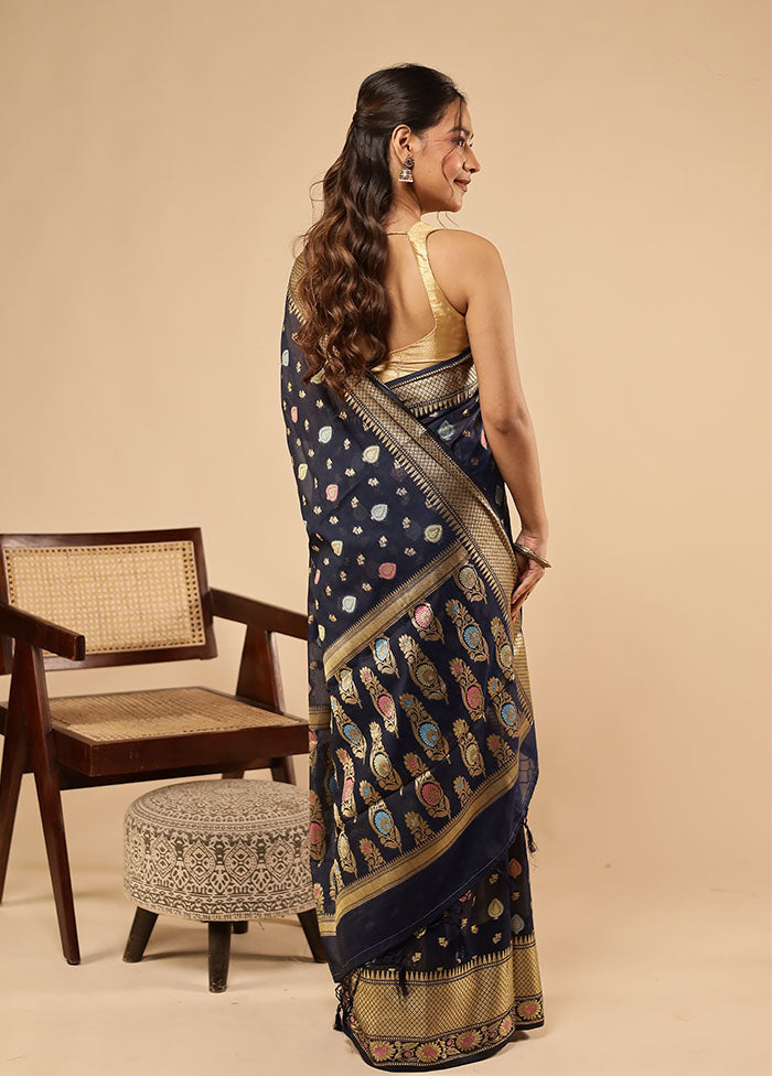 Blue Dupion Silk Saree With Blouse Piece
