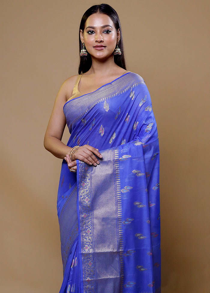 Blue Dupion Silk Saree With Blouse Piece