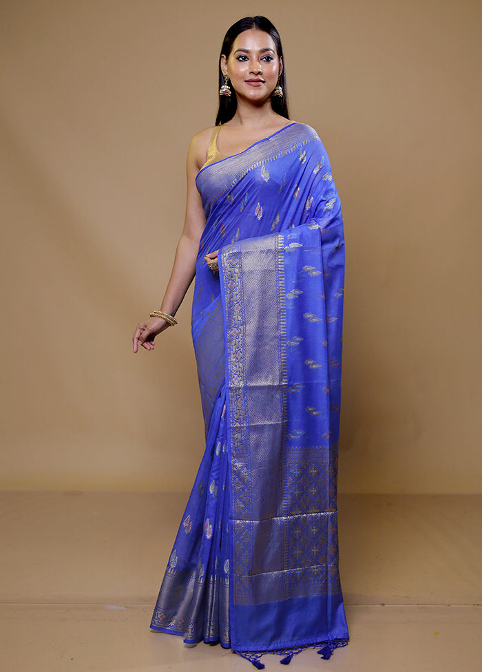 Blue Dupion Silk Saree With Blouse Piece