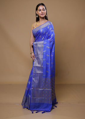 Blue Dupion Silk Saree With Blouse Piece