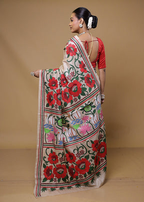 Cream Handloom Kantha Stitch Pure Silk Saree With Blouse Piece