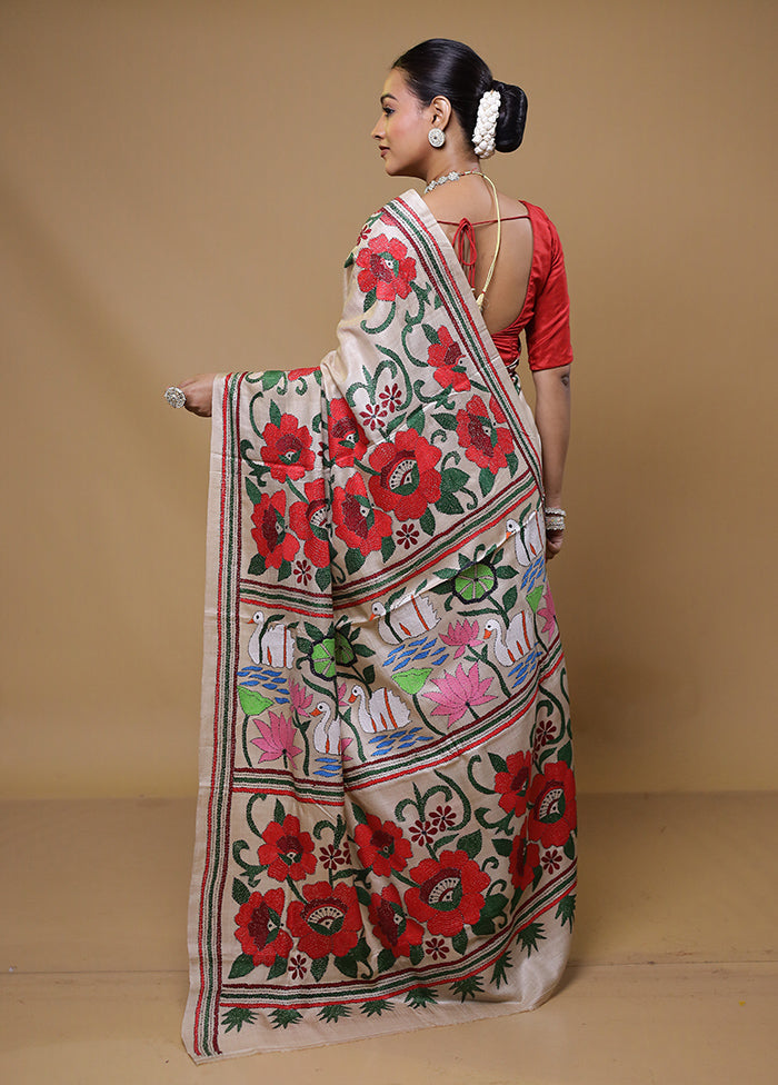 Cream Handloom Kantha Stitch Pure Silk Saree With Blouse Piece