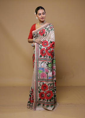 Cream Handloom Kantha Stitch Pure Silk Saree With Blouse Piece