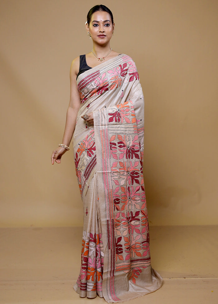 Cream Handloom Kantha Stitch Pure Silk Saree With Blouse Piece