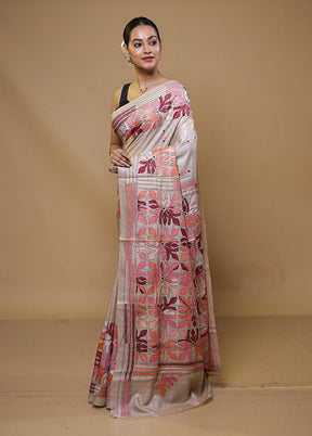 Cream Handloom Kantha Stitch Pure Silk Saree With Blouse Piece