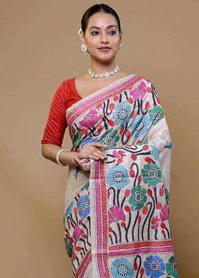 Cream Handloom Kantha Stitch Pure Silk Saree With Blouse Piece