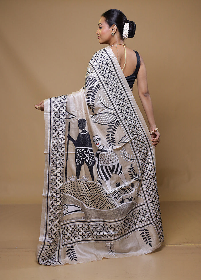 Cream Handloom Kantha Stitch Pure Silk Saree With Blouse Piece