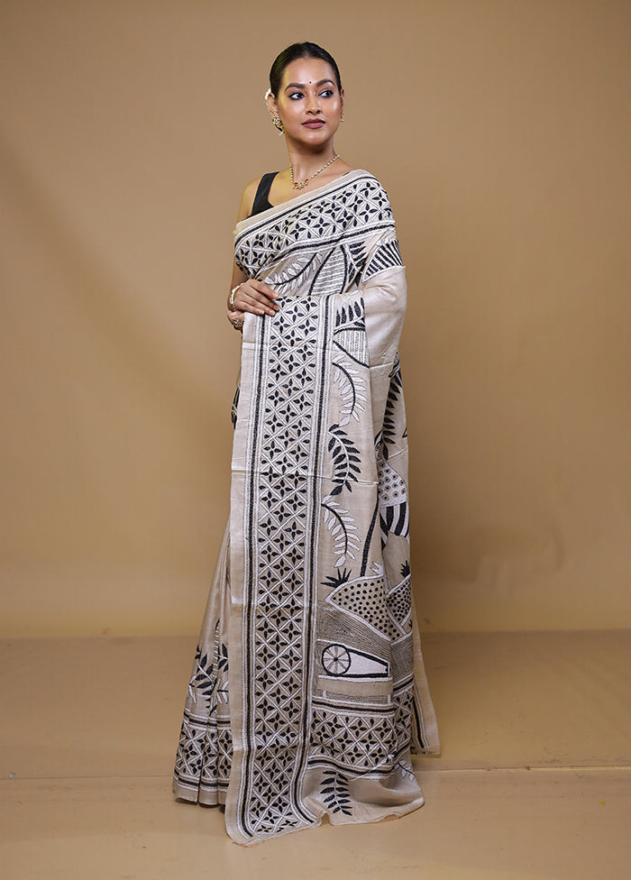 Cream Handloom Kantha Stitch Pure Silk Saree With Blouse Piece