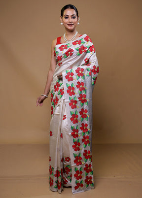 Cream Handloom Kantha Stitch Pure Silk Saree With Blouse Piece