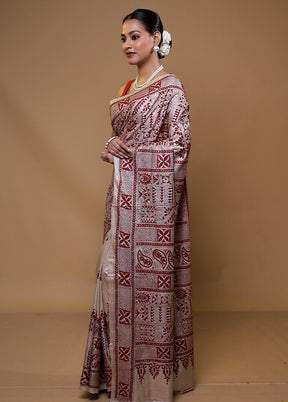 Cream Handloom Kantha Stitch Pure Silk Saree With Blouse Piece