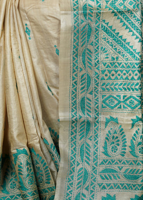 Cream Handloom Kantha Stitch Pure Silk Saree With Blouse Piece