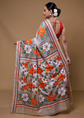 Cream Handloom Kantha Stitch Pure Silk Saree With Blouse Piece