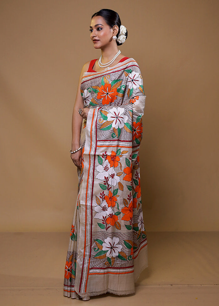 Cream Handloom Kantha Stitch Pure Silk Saree With Blouse Piece